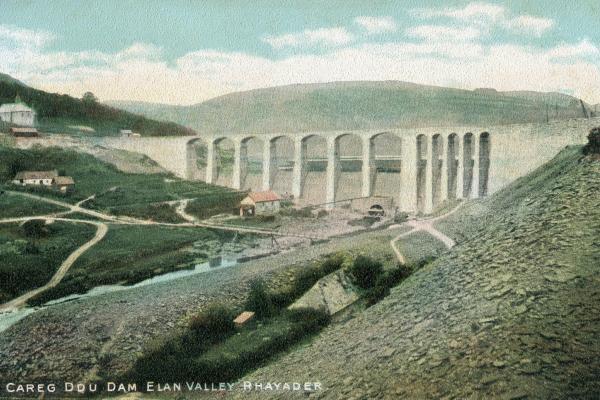 A postcard showing Carreg Ddu dam in colour