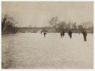 View of the bridge over the frozen river Taff,...