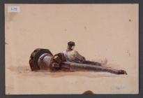 Watercolour painting of a boy resting against a...