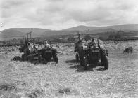 Man and woman harvesting with tractors