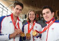 Tom James, Nicole Cooke & Geraint Thomas gyda&...