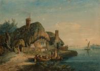River Scene with Figures, Boats and Cottages -...