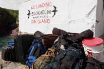 Pile of departing guests bags on the Skokholm...