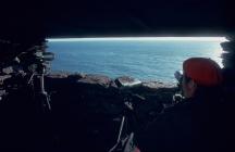 Skokholm - Jean Donovan in Sea-watching hide -...
