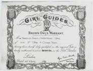 Brown Owl's Warrant Certificate awarded arch 1926