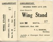 Ticket, v. Huddersfield, February 1958