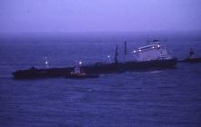 The Sea Empress oil tanker after hitting the...