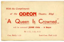 Card advertising 'A Queen is Crowned'...