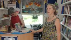 Librarians on the library van at Ceinws...