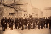 Cowbridge fire brigade with fire cart. 