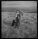 Female farmer and her dogs in a wheat field in...