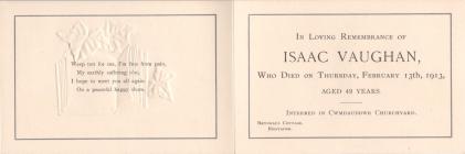 Cerdyn coffa: Isaac Vaughan, 1913, prif arddwr...