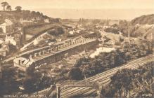 View of Bryn Celyn and railway with bridge,...