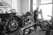 “Geoff Lamerick, motorcyle enthusiast, at home...