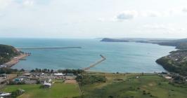 Aerial view across Fishguard Bay, showing the...