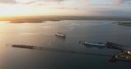 Aerial view of Holyhead ferry port and town.