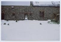 Skomer in snow and hail, Old Farm and courtyard...